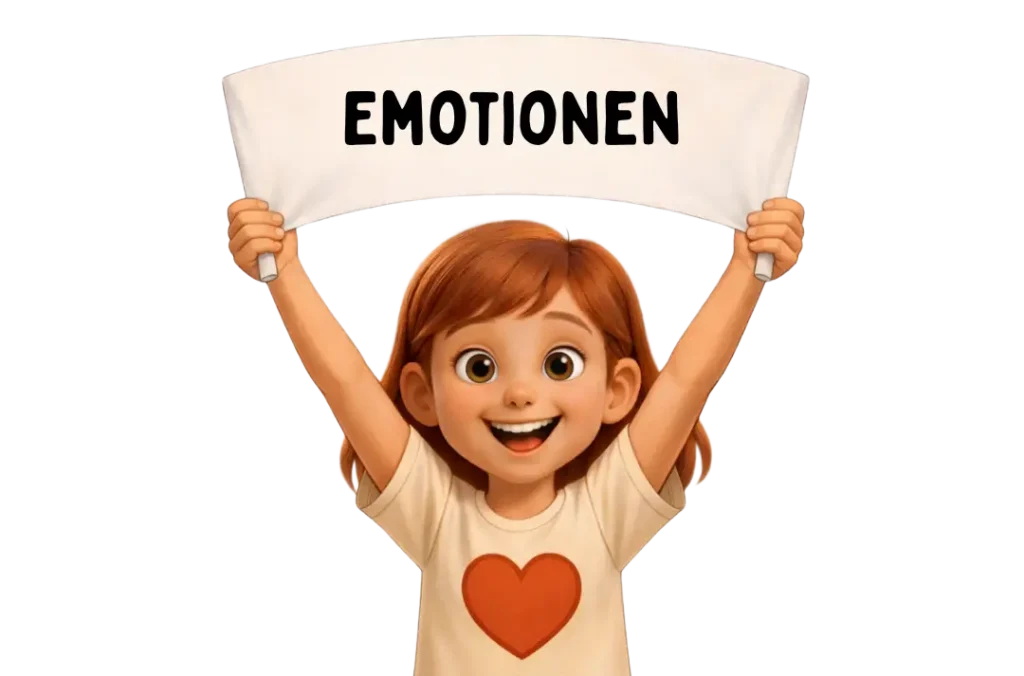 Emi hält ein Schild mit dem Wort Emotionen und steht im Projekt Stark.miteinander für das Verstehen von Gefühlen bei Kindern.