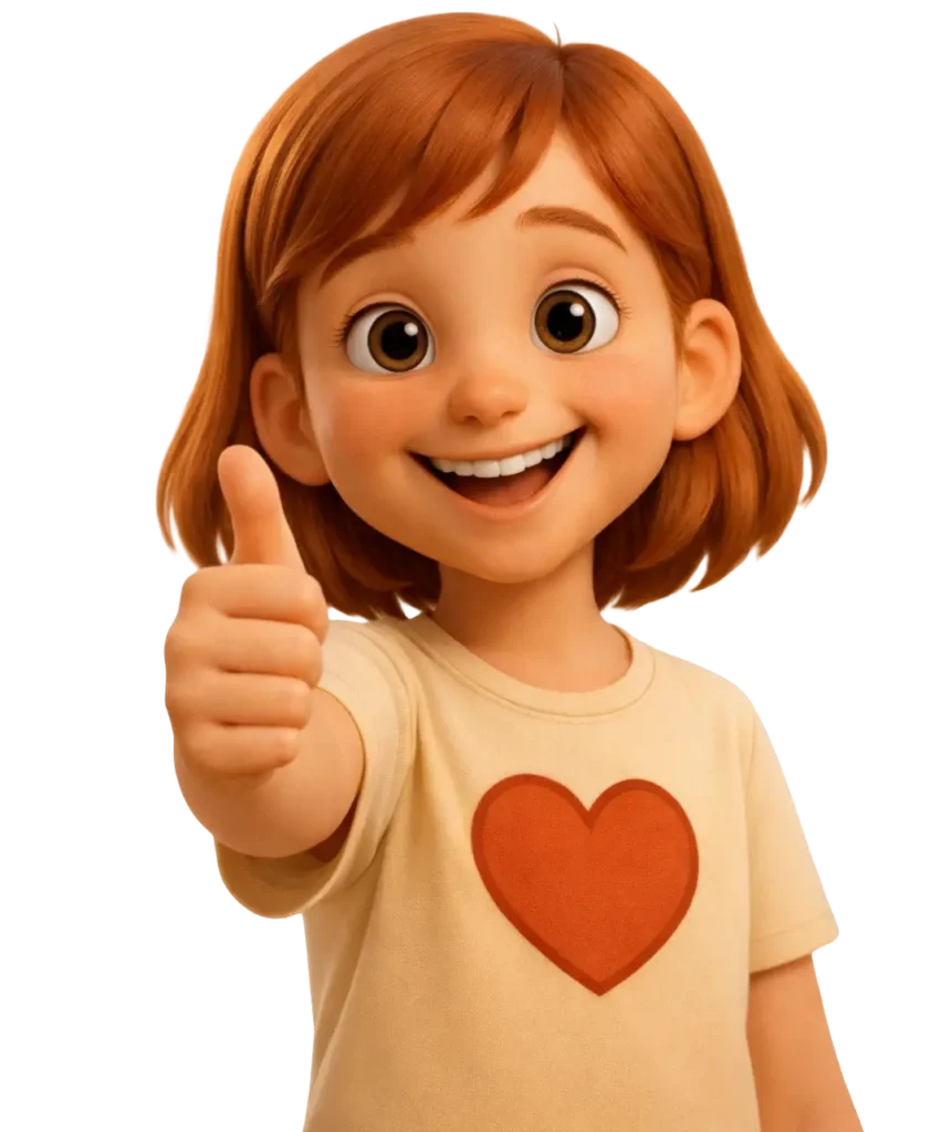 Emi aus dem Kinder-Präventionsprojekt Stark.miteinander zeigt lächelnd einen Daumen nach oben – Figur für Emotionen und soziale Kompetenz bei Kindern