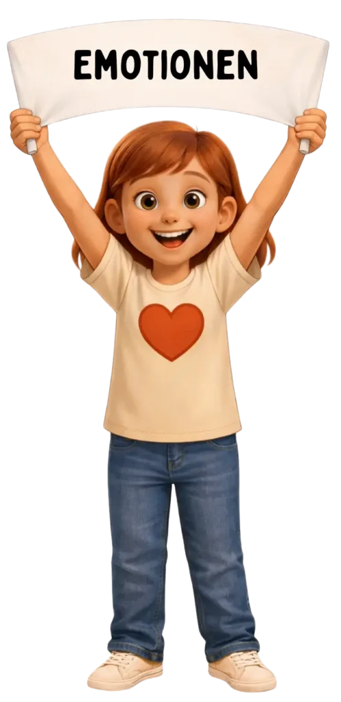 Emi hält ein Schild mit Emotionen – Figur aus dem Kinderprojekt Stark.miteinander zur Förderung emotionaler Kompetenz
