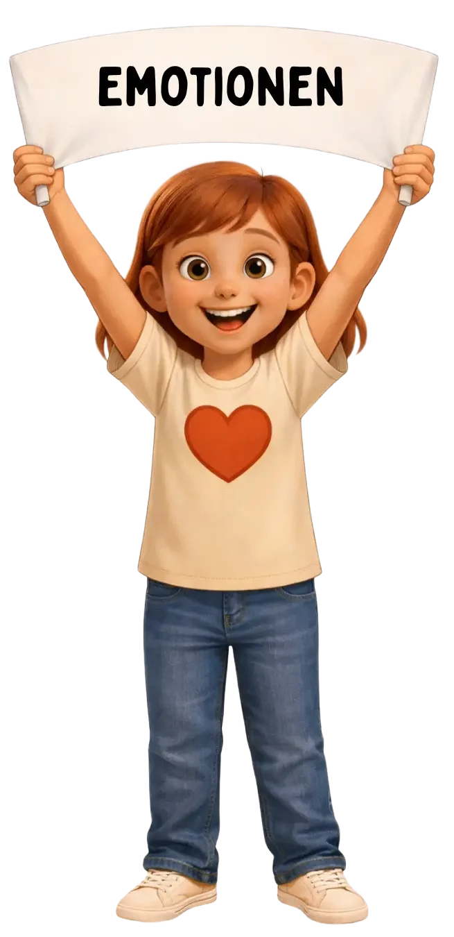 Emi hält ein Schild mit Emotionen – Figur aus dem Kinderprojekt Stark.miteinander zur Förderung emotionaler Kompetenz