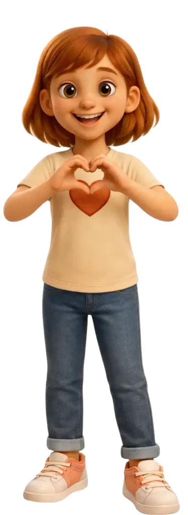 Emi formt mit den Händen ein Herz – Figur für Emotionen, Empathie und soziale Kompetenz im Projekt Stark.miteinander