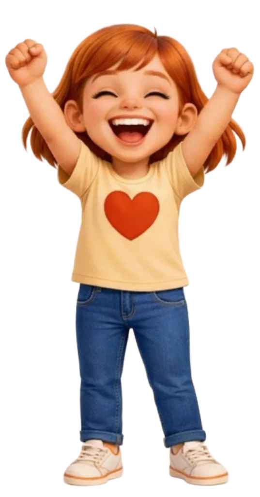 Emi jubelt und zeigt Freude im Präventionsprojekt Stark.miteinander zur Förderung von Emotionen und sozialer Kompetenz bei Kindern.