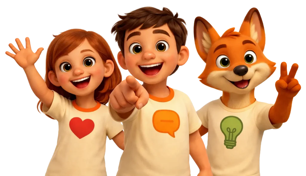 Die Figuren Emi Emotion, Koko Klartext und Lino der Lösungsfuchs aus dem Präventionsprojekt Stark.miteinander fördern Emotionen Kommunikation und Konfliktlösung bei Kindern