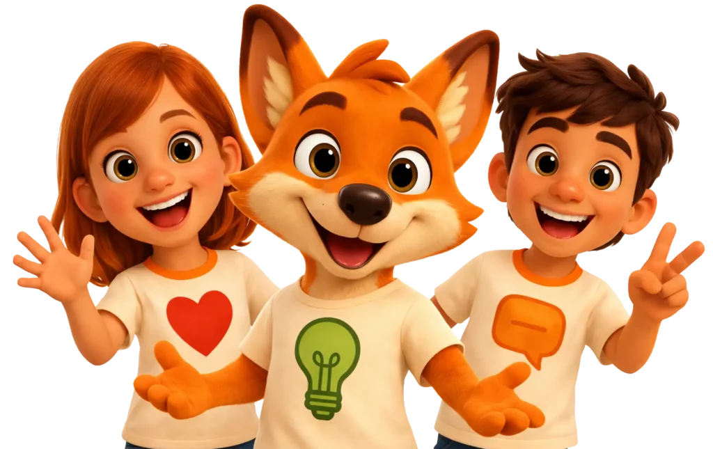 Emi Emotion Koko Klartext und Lino der Lösungsfuchs zeigen Kindern im Projekt Stark.miteinander wie Gefühle Kommunikation und Lösungen zusammengehören