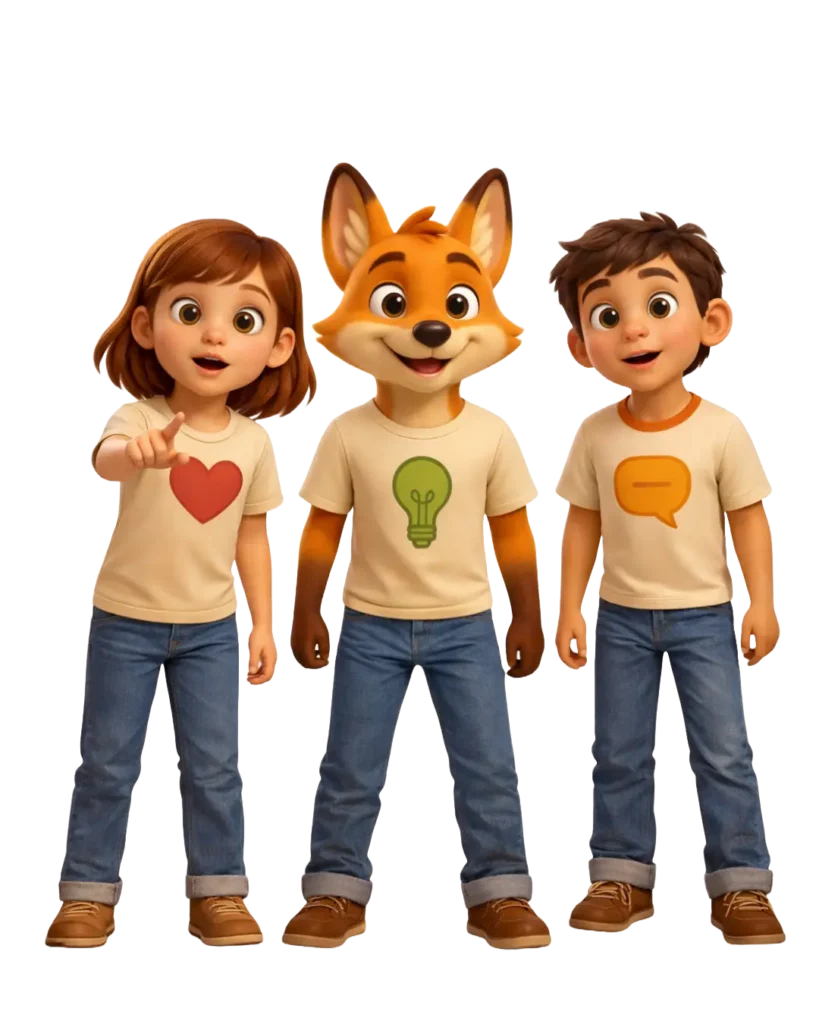Die Figuren Emi, Lino der Lösungsfuchs und Koko aus dem Kinder-Präventionsprojekt Stark.miteinander stehen nebeneinander