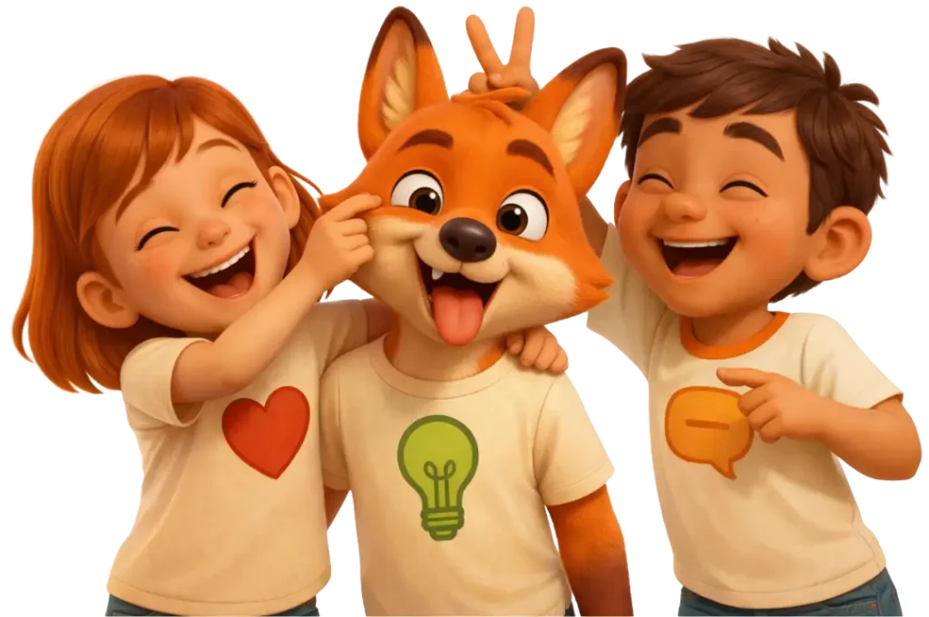 Die Figuren Emi, Lino der Lösungsfuchs und Koko aus dem Präventionsprogramm Stark.miteinander albern gemeinsam und stehen für Emotionen, Lösungen und Kommunikation