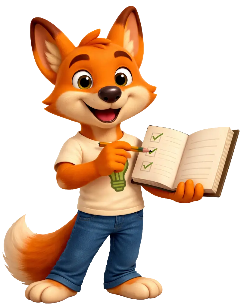 Lino der Lösungsfuchs arbeitet mit einer Checkliste und zeigt Kindern im Projekt Stark.miteinander Schritte zur Konfliktlösung