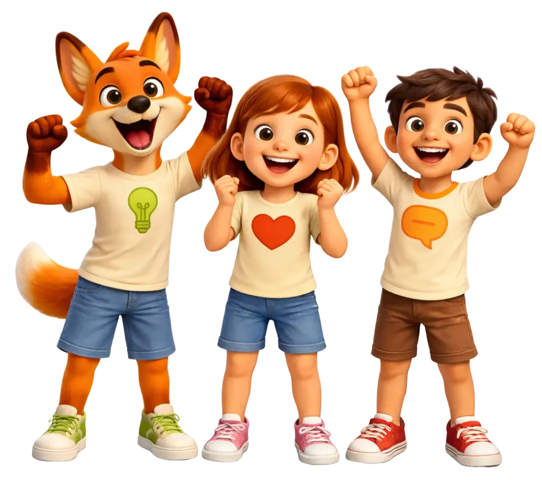 Emi, Lino der Lösungsfuchs und Koko jubeln gemeinsam – Figuren aus dem Präventionsprojekt Stark.miteinander zur Förderung sozialer Kompetenzen