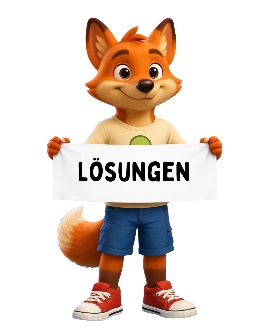 Lino der Lösungsfuchs hält ein Schild mit dem Wort Lösungen – Figur für Problemlösung im Kinderprojekt Stark.miteinander