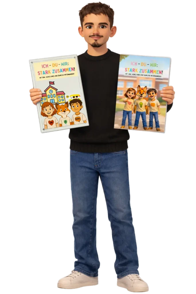 Louis Vittinghoff zeigt das Begleitheft des Präventionsprojekts Ich Du Wir Stark zusammen für Sozialkompetenztraining bei Kindern